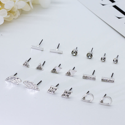 Alloy Silver Ear Stud Angel Wing Geometry Clear Crystals 9 Pairs Per Set