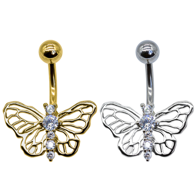 silver gold Butterfly Belly Button Ring zircon gems 316 Stainless Steel bar