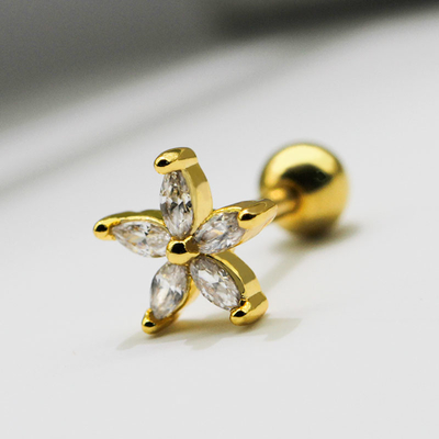 Gold Flower Ear Piercing Jewellery Clear Gems 1.2mm 16 Gauge Earrings Studs