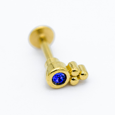 Blue Crystal Gem Gold Labret Stud 16ga 1.2mm 8mm Lip Bar 316 Stainless Steel