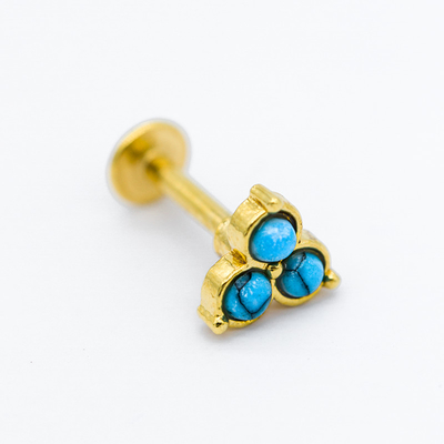 Blue Turquoise Stone Lip Labret Piercing Stud 16G 6mm gold plating