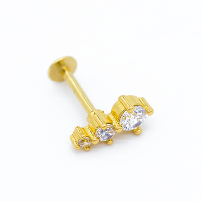 16ga Zircon Gems Labret Piercing Jewelry Gold Lip Stud 316L Stainless Steel