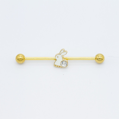 Gold Plated Cute Industrial Piercing Earrings Crystal Rabbit Pendant 38mm