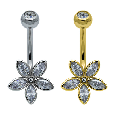 Flower Marquise Crystals Silver Gold Navel Belly Ring Surgical Steel Piercing 14G