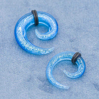 Acrylic Material Ear Plugs Tunnels Spiral Shiny Blue Color With Leather Hoops